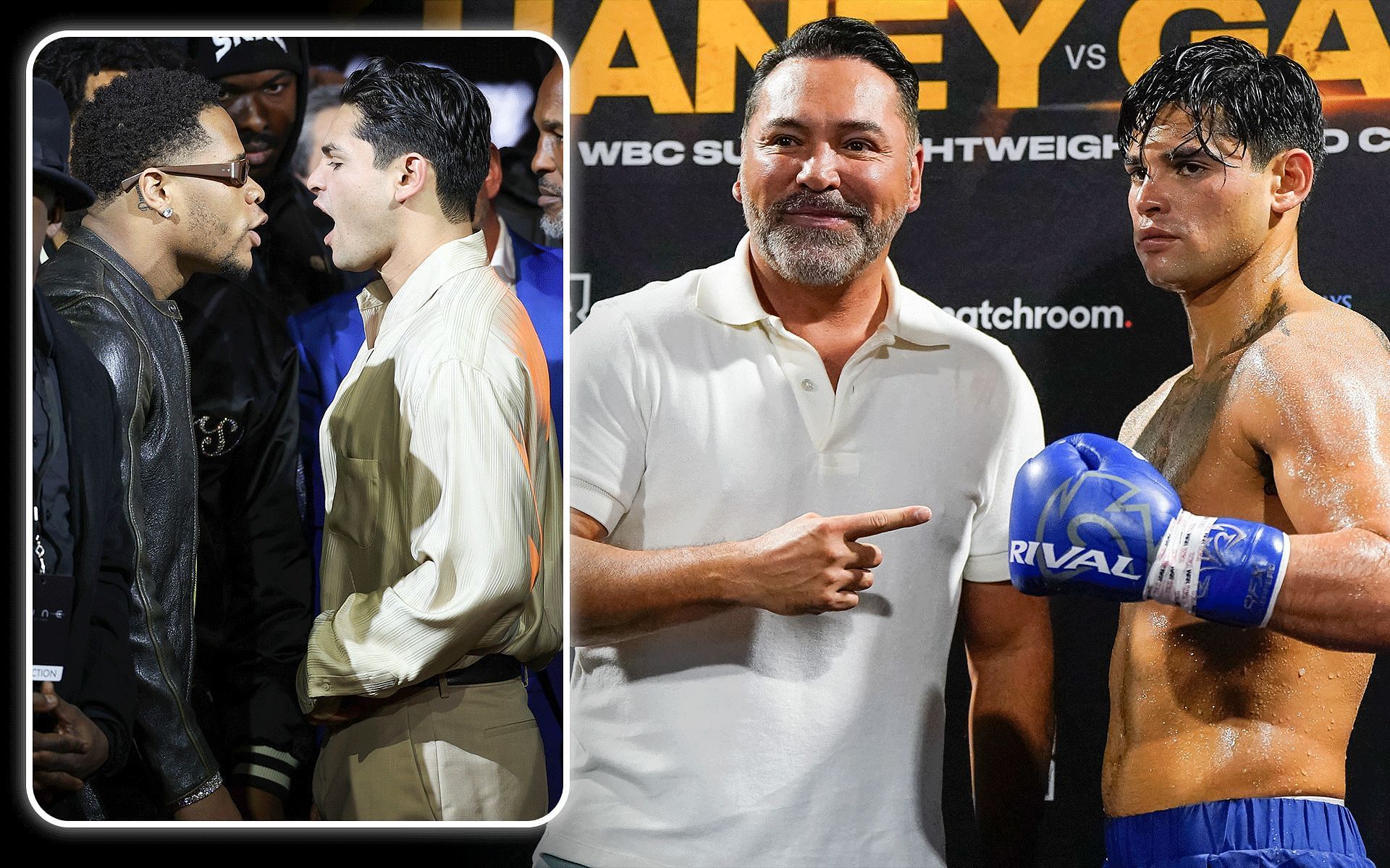Devin Haney (far left) will box Ryan Garcia (second from left) this month; Oscar De La Hoya (second from right) serves as the promoter for Garcia (far right) [Images courtesy: Getty Images]