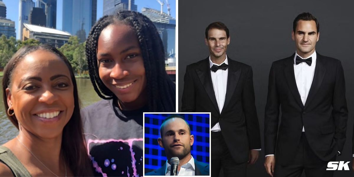 Coco Gauff and mother Candi (L), Rafael Nadal and Roger Federer (R), Andy Roddick (Inset)