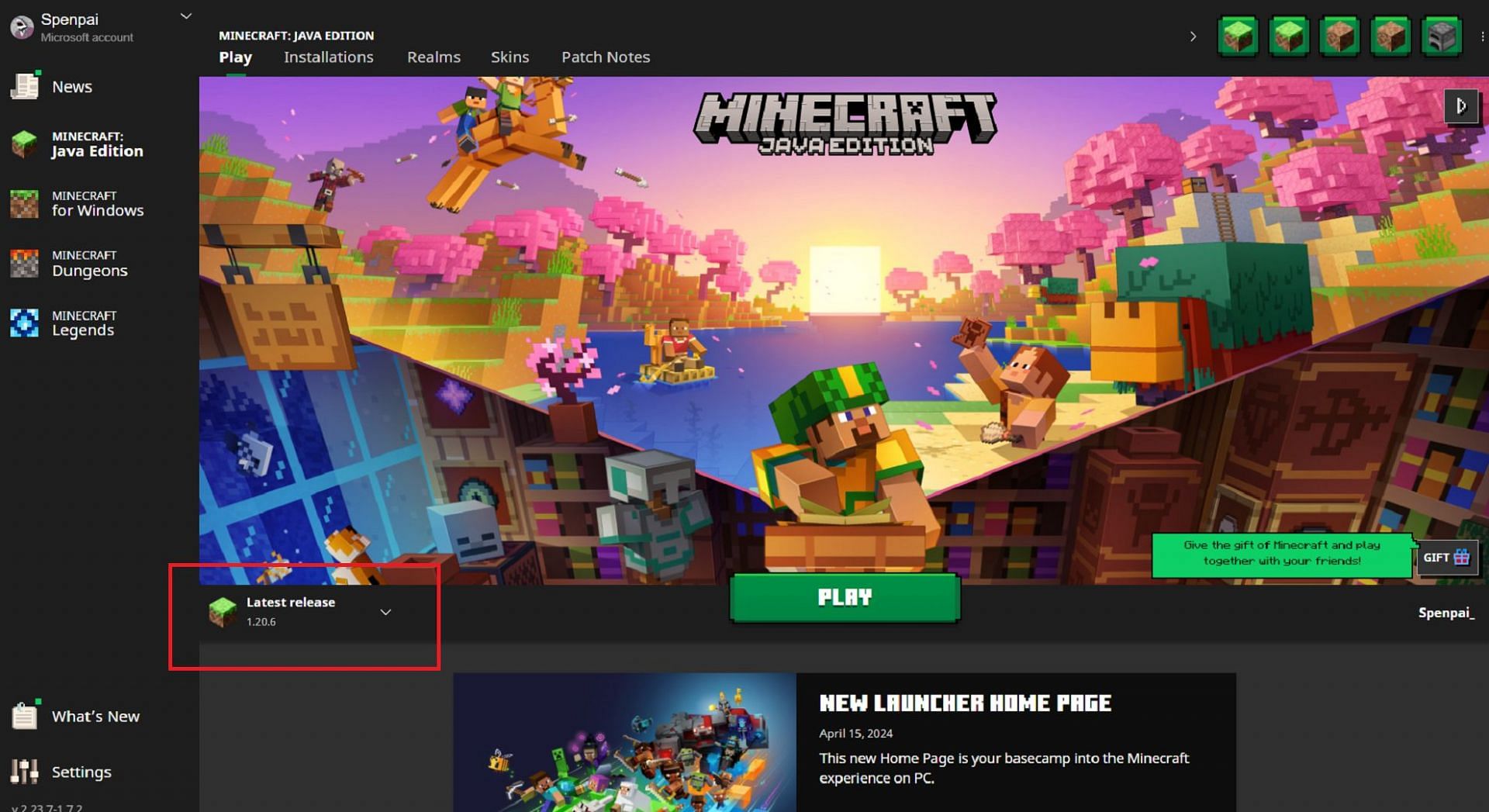 The Minecraft Launcher client allows for quick and easy updating to Java 1.20.6 (Image via Mojang)