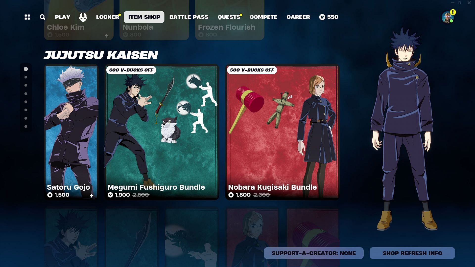 Jujutsu Kaisen skins are currently listed in the Item Shop (Image via Epic Games/Fortnite)