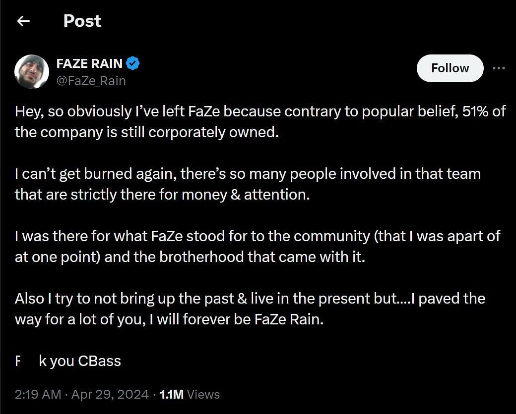 The post announcing his departure (Image via @Faze_Rain/X)