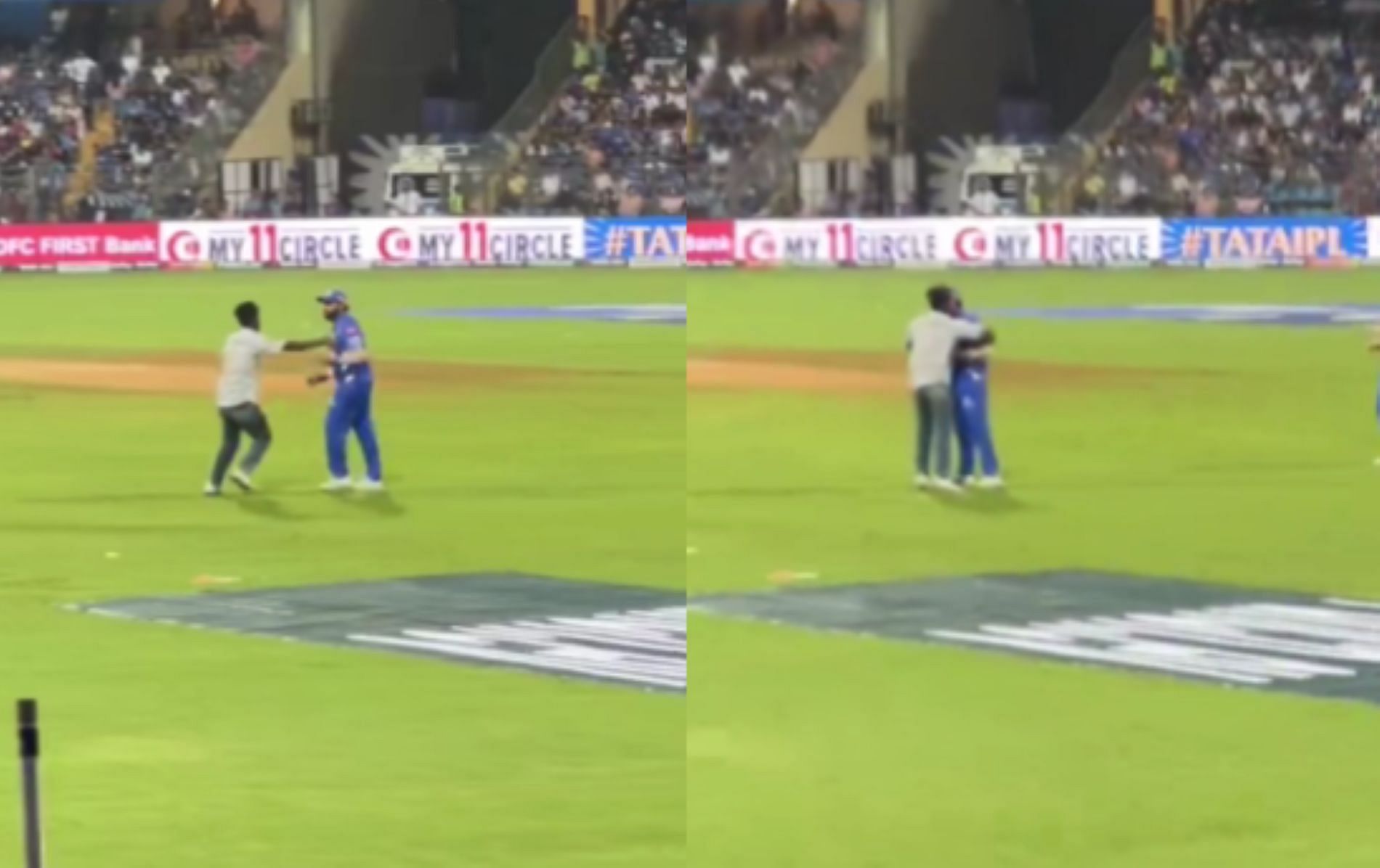 Rohit was busy setting the field when a fan invaded the pitch at the Wankhede Stadium [Credit: Fan Twitter handle]
