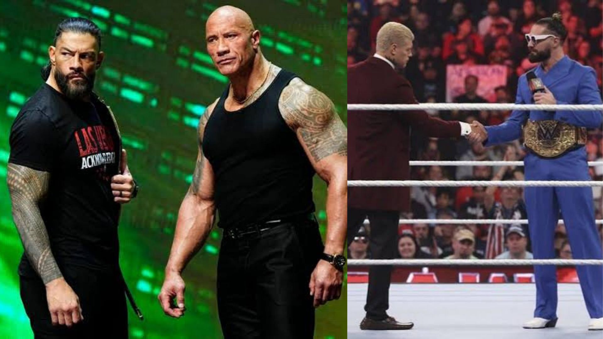 WWE सुपरस्टार रोमन रेंस, द रॉक, कोडी रोड्स और सैथ रॉलिंस