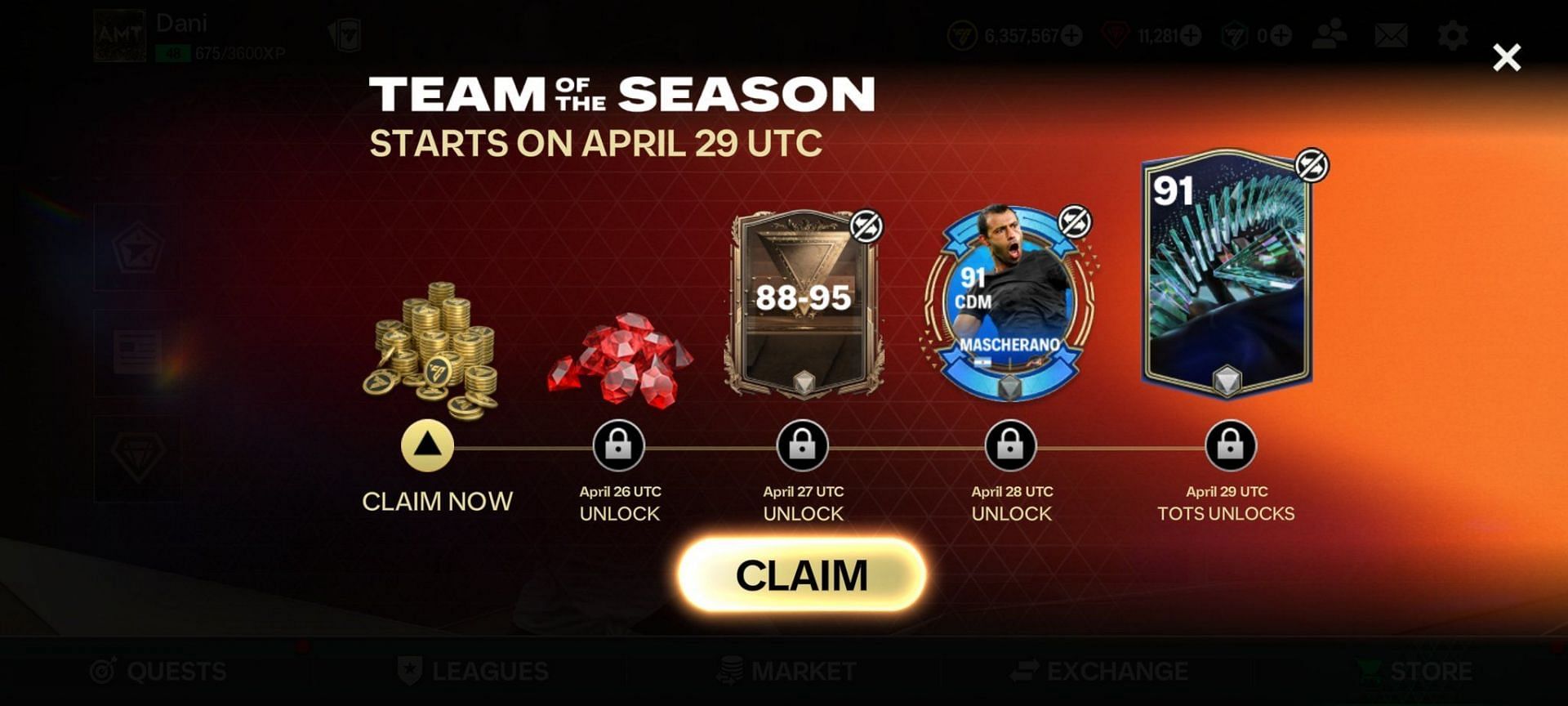 FC Mobile Team of the Season pre-event rewards (Image via Riot Games)
