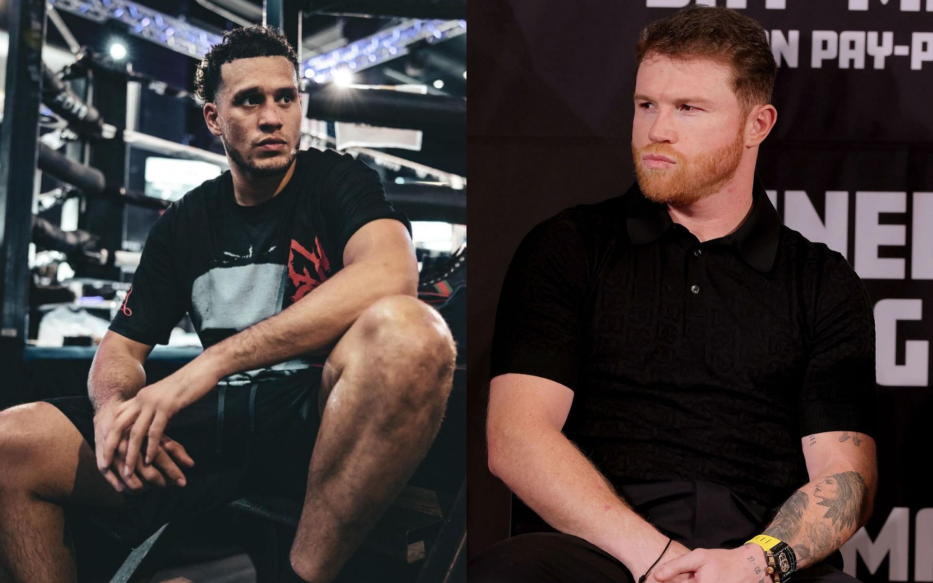 David Benavidez (left) blasts Canelo Alvarez (right) for running from a fight with him [Images Courtesy: @GettyImages, @benavidez300 on Instagram]