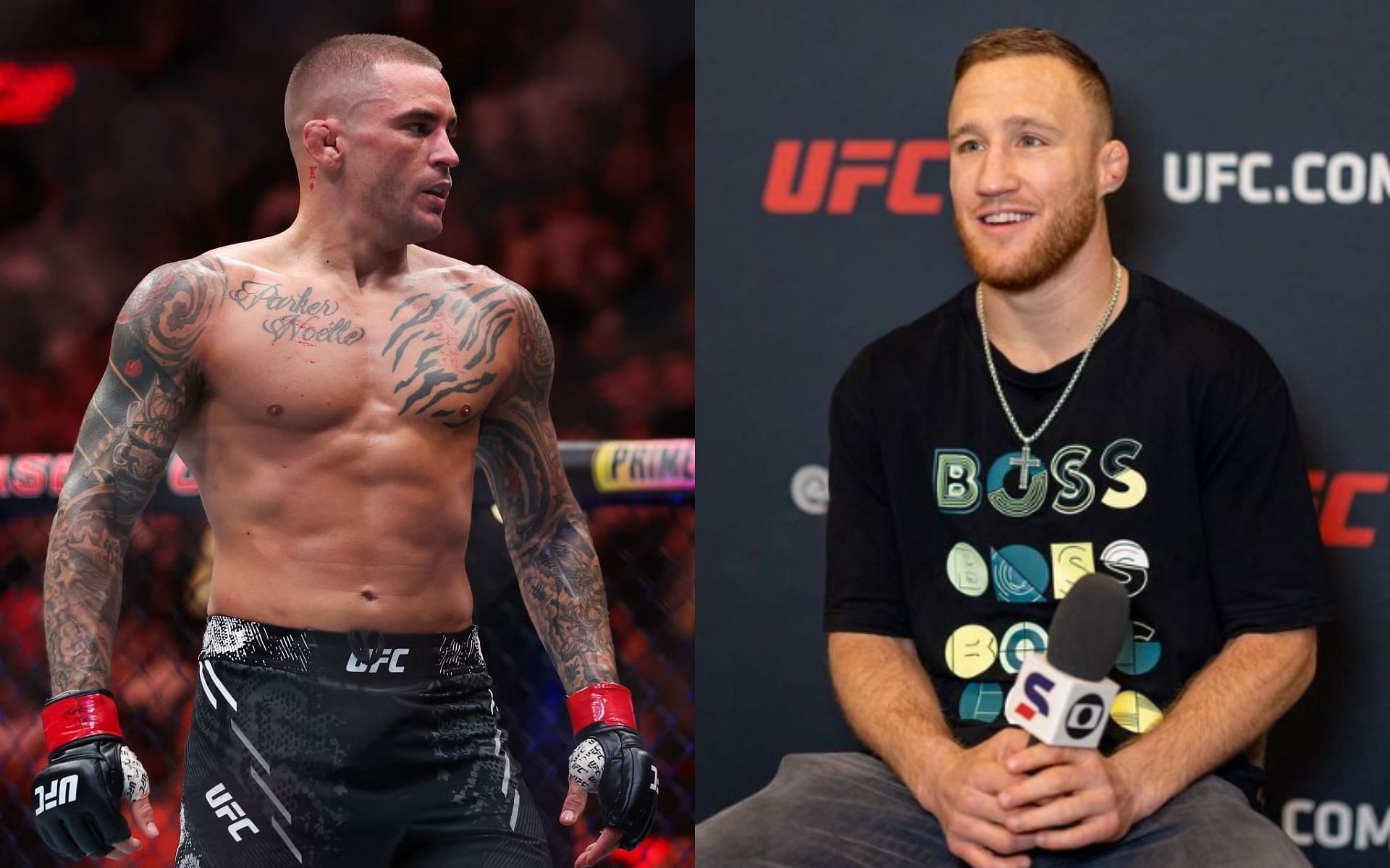 Justin Gaethje (right) shares his thoughts on Dustin Poirier (left) fighting for the title before him [Images Courtesy: @GettyImages, @justin_gaethje on Instagram]