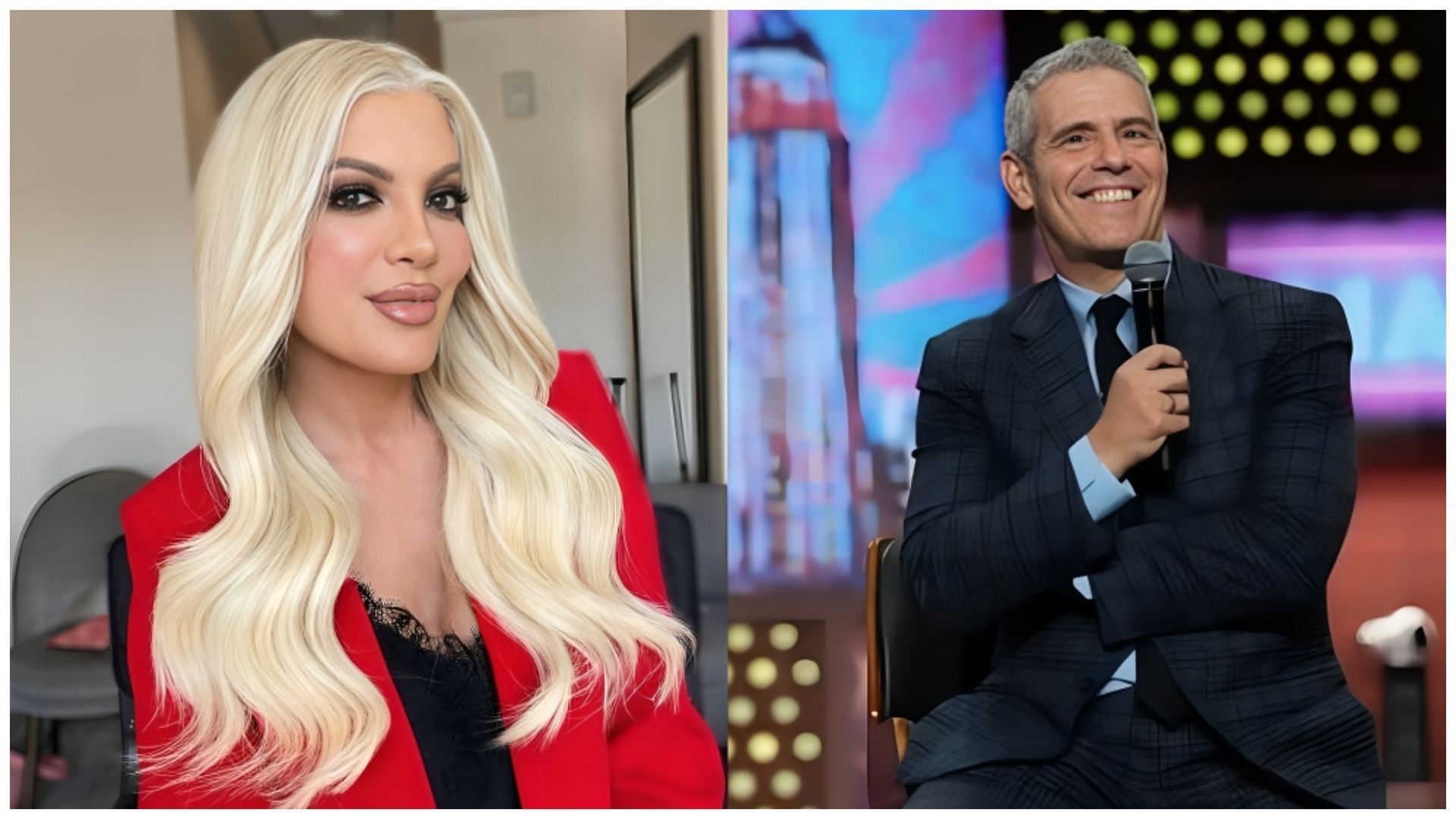 Tori Spelling talked about Andy Cohen not casting her on RHOBH (Image via Instagram / @torispelling and @bravoandy)