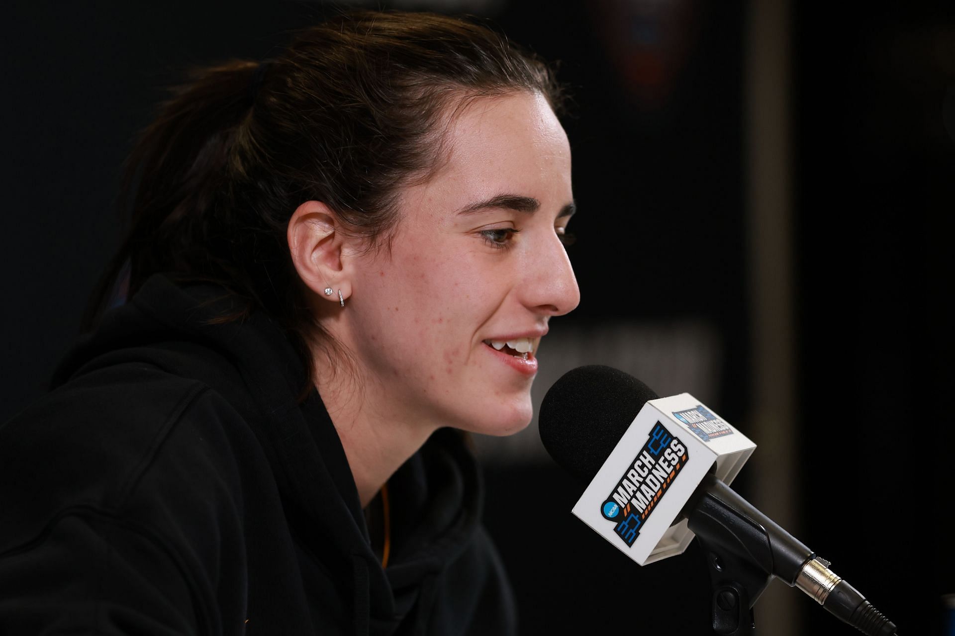 CLEVELAND, OHIO, APRIL 04: Caitlin Clark #22 of the Iowa Hawkeyes speaks to media during open locker rooms ahead of the 2024 NCAA Women&#039;s Basketball Tournament Final Four at Rocket Mortgage Fieldhouse on April 4, 2024, in Cleveland, Ohio. (Photo by Gregory Shamus/Getty Images)