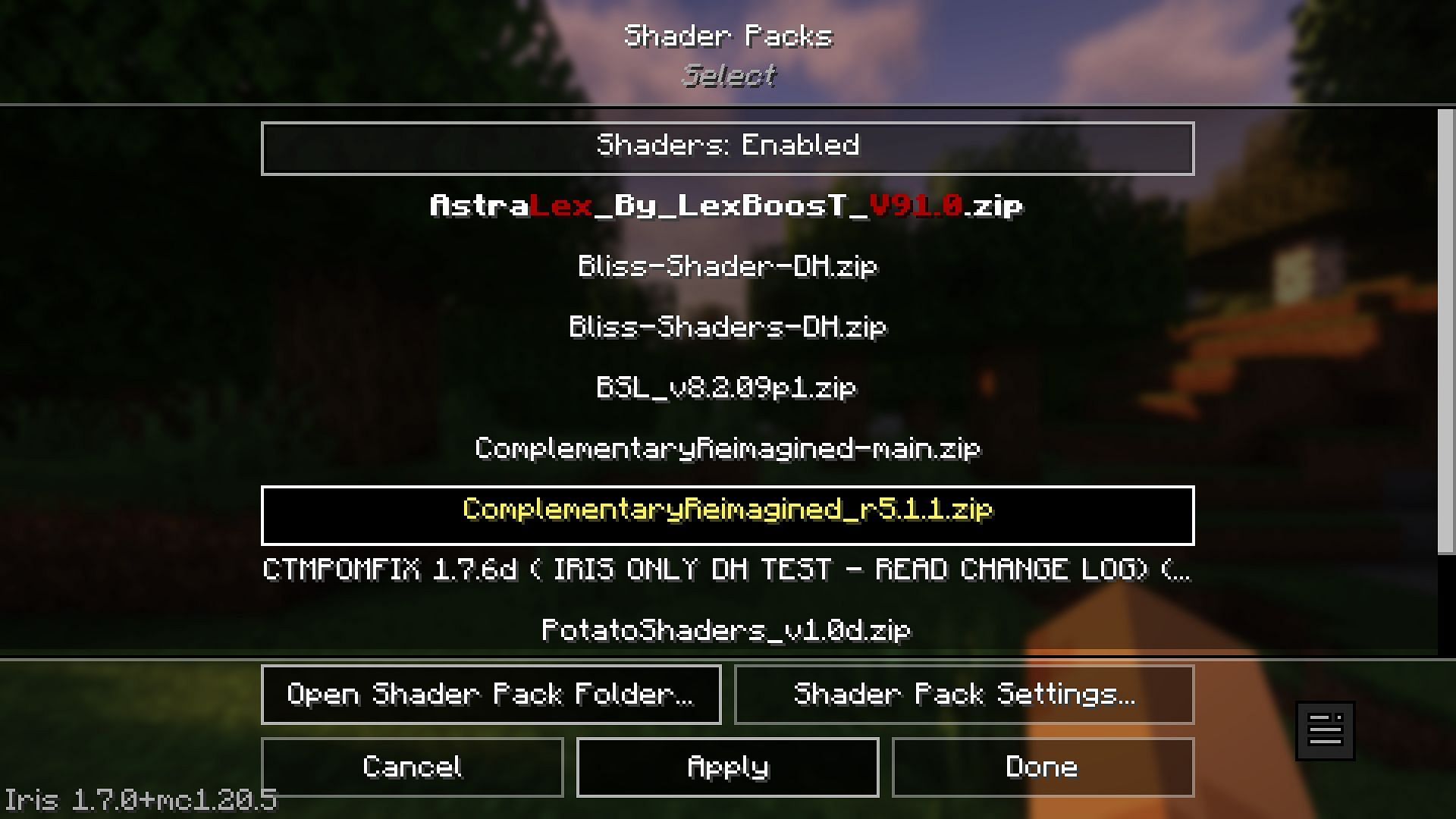 Shader selection screen (Image via Mojang)