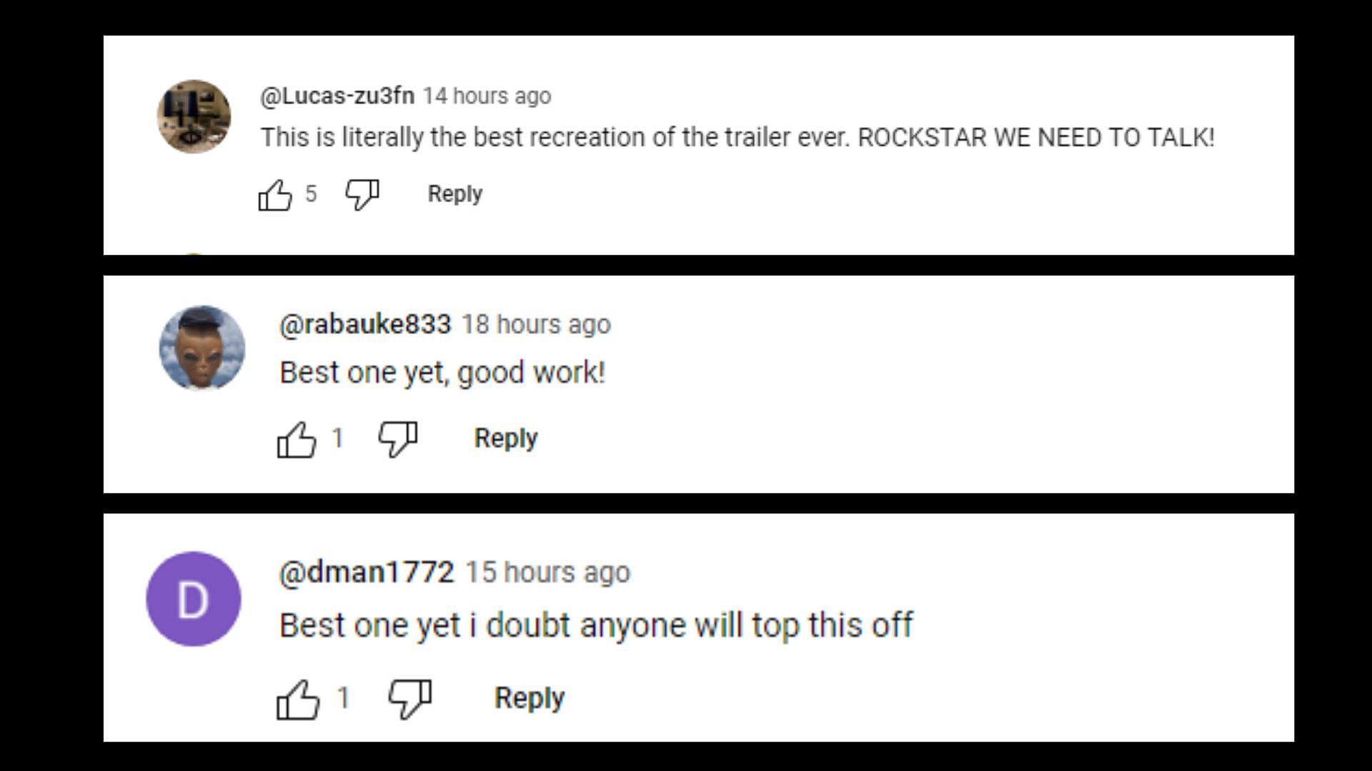 Some fan reactions on the trailer recreation video 2/2 (Images via YouTube)