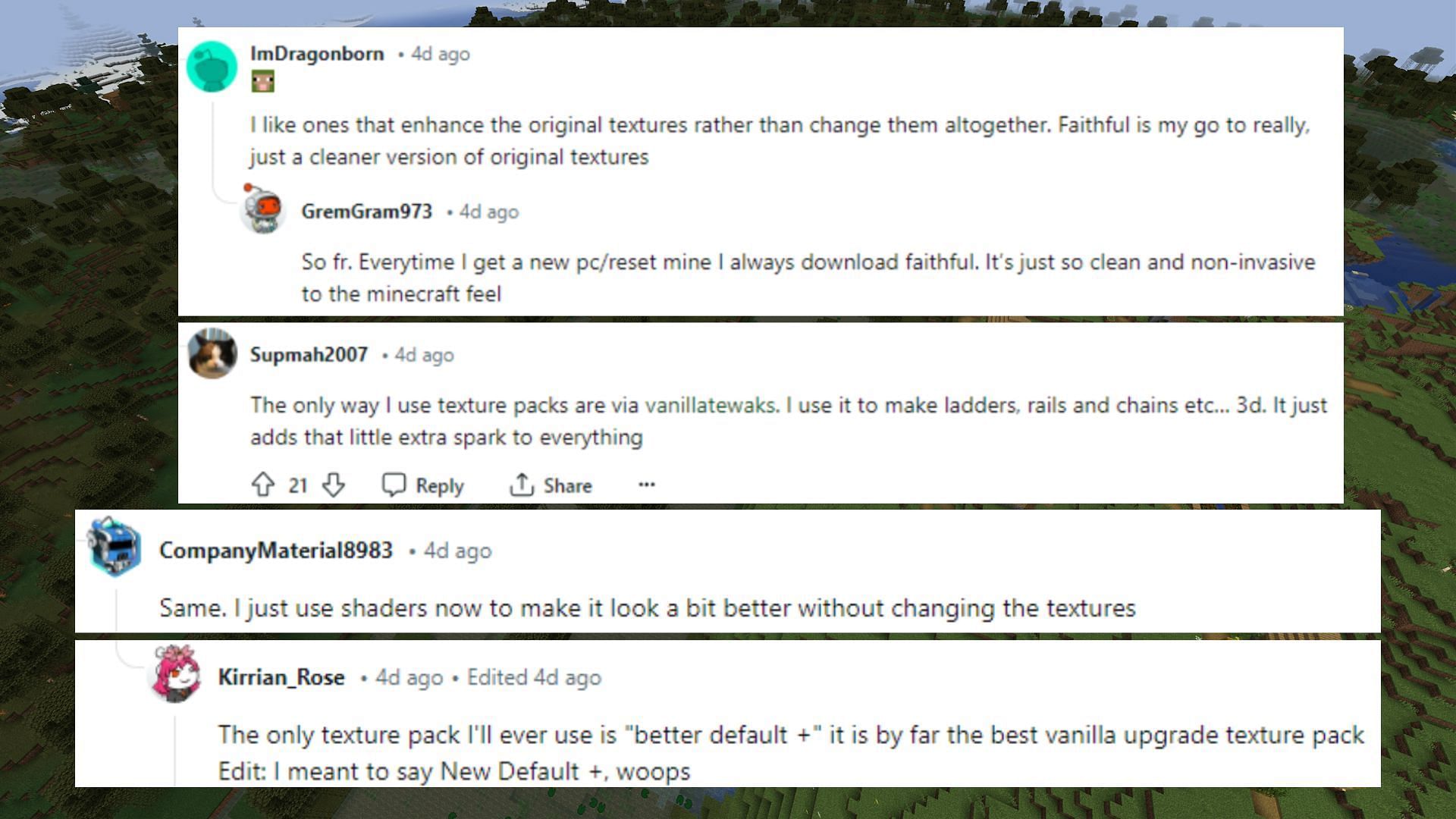Several commenters recommended using vanilla plus texture packs (Images via Reddit)