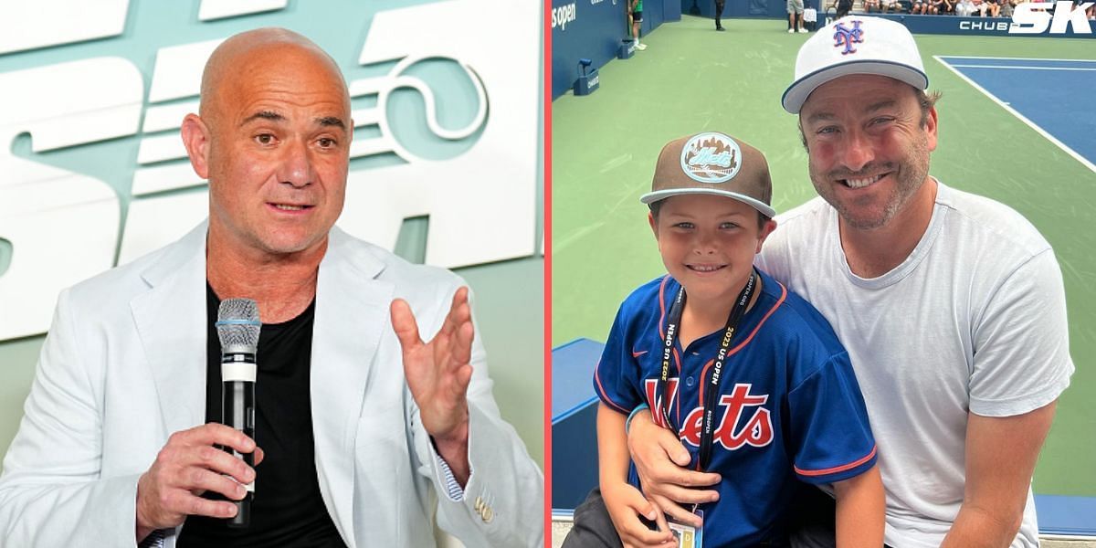 Andre Agassi (L) and Justin Gimelstob with his son Brandon (R)