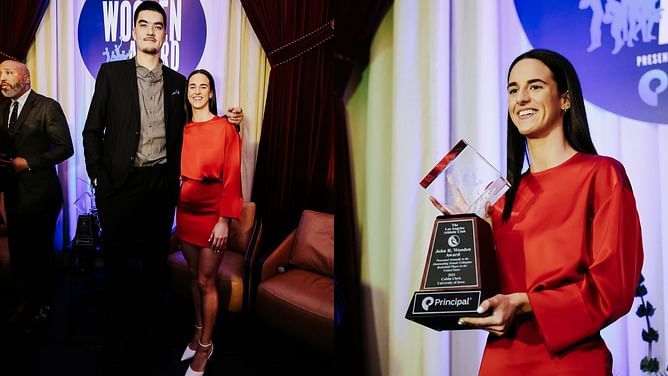 "Power couple, make it happen": College hoops fans gush over Zach Edey and Caitlin Clark following Wooden Awards photo