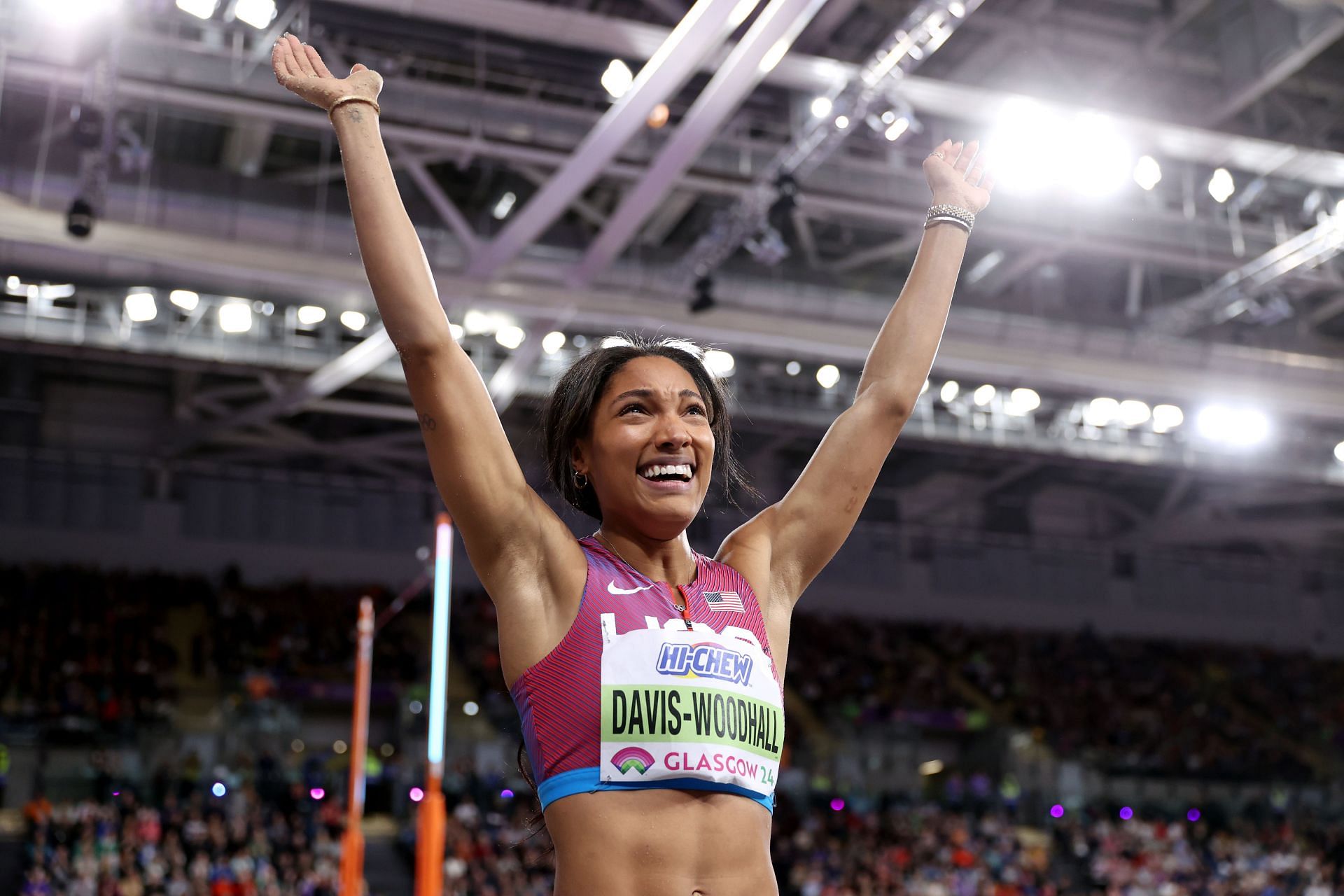 Tara Davis-Woodhall of Team United States celebrates after winning the Woman&#039;s Long Jump Final on Day Three of the World Athletics Indoor Championships Glasgow 2024 at Emirates Arena on March 03, 2024 in Glasgow, Scotland. (Photo by Michael Steele/Getty Images)