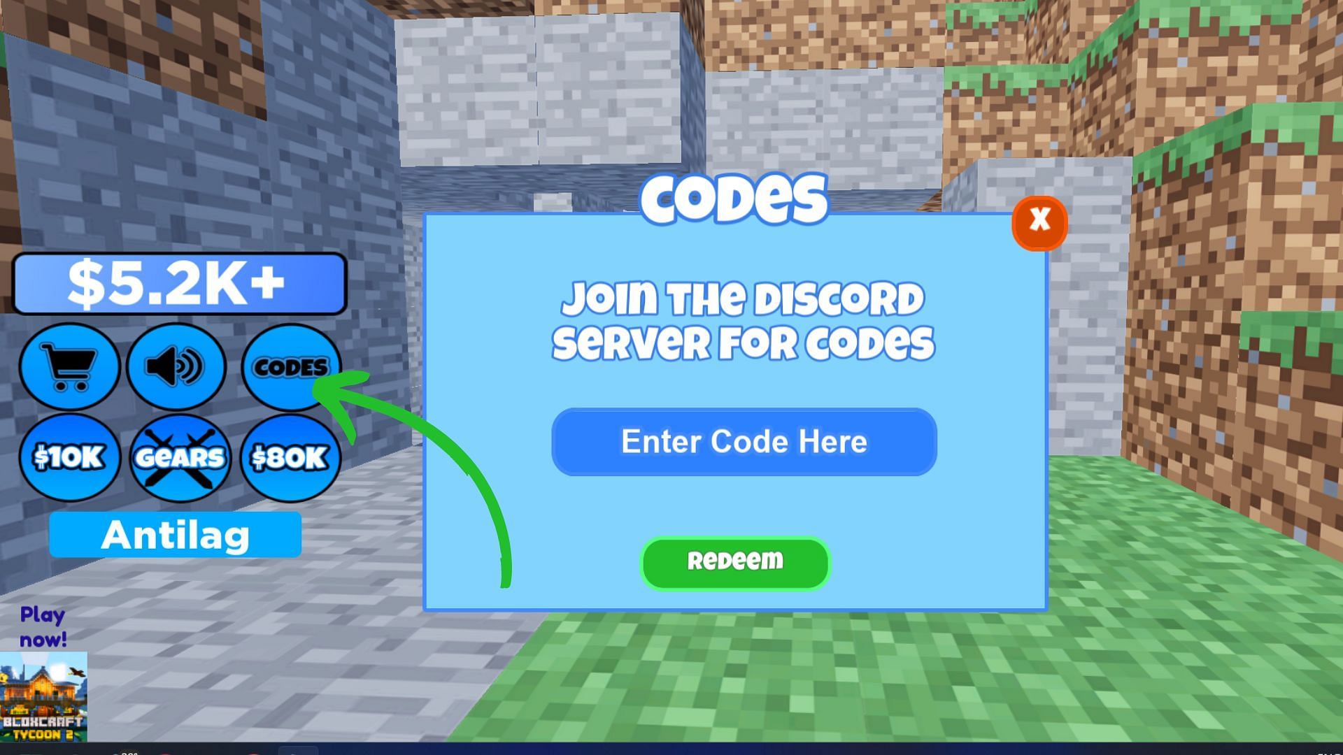 Code box in 2 Player Minecraft Tycoon (Image via Roblox||Sportskeeda)