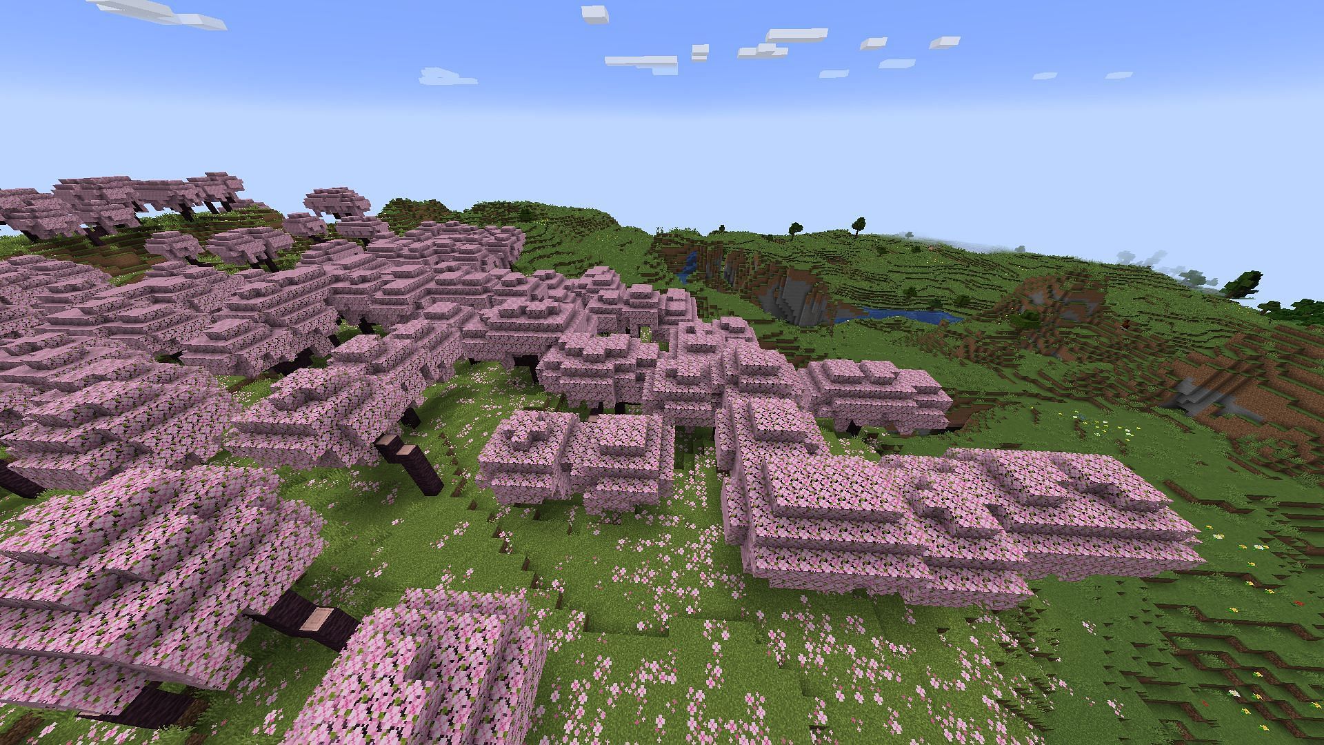 An End portal rests not far from this Minecraft cherry grove (Image via Mojang)