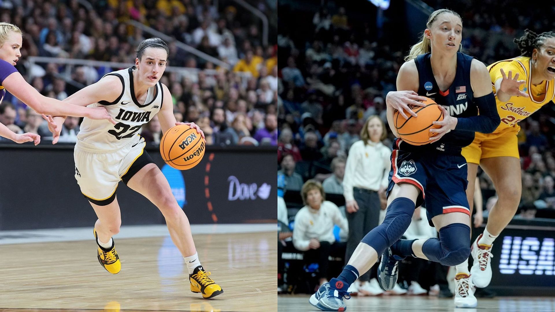 Iowa #22 Caitlin Clark (left) and UConn #5 Paige Bueckers (right)