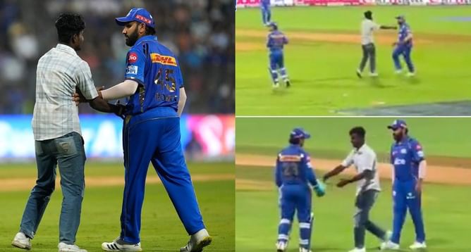 IPL 2024 : MI vs RR मैच में रोहित शर्मा को गले लगाने के लिए मैदान पर पहुंचा फैन, हिटमैन के रिएक्शन का वीडियो हुआ वायरल