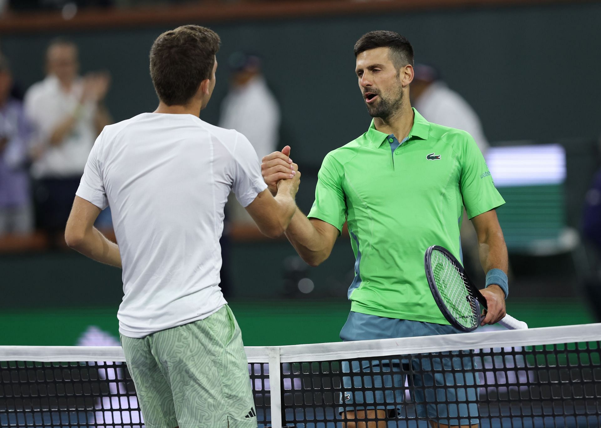 Luca Nardi and Novak Djokovic at the 2024 BNP Paribas Open