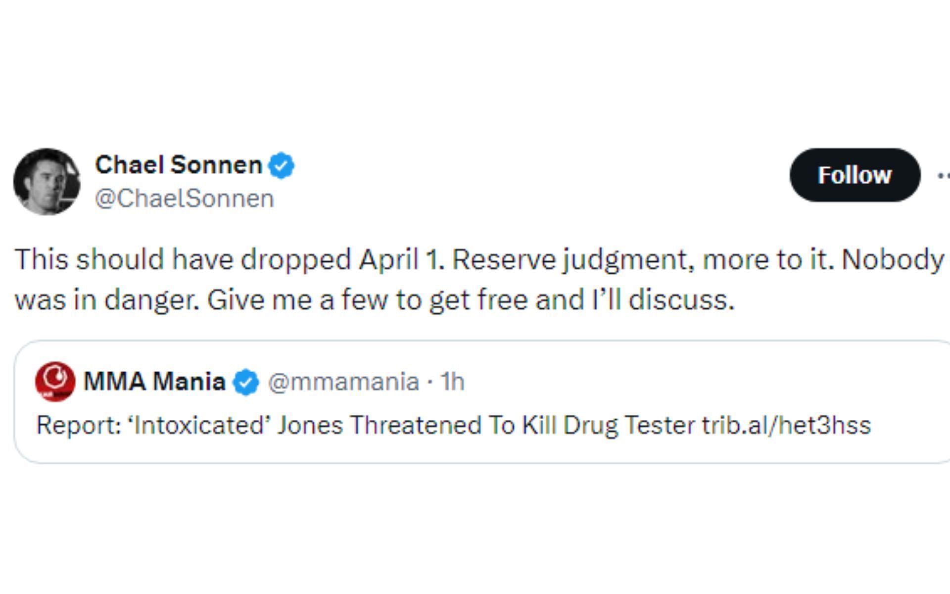Sonnen&#039;s tweet regarding allegations against Jones [Image courtesy: @ChaelSonnen - X]