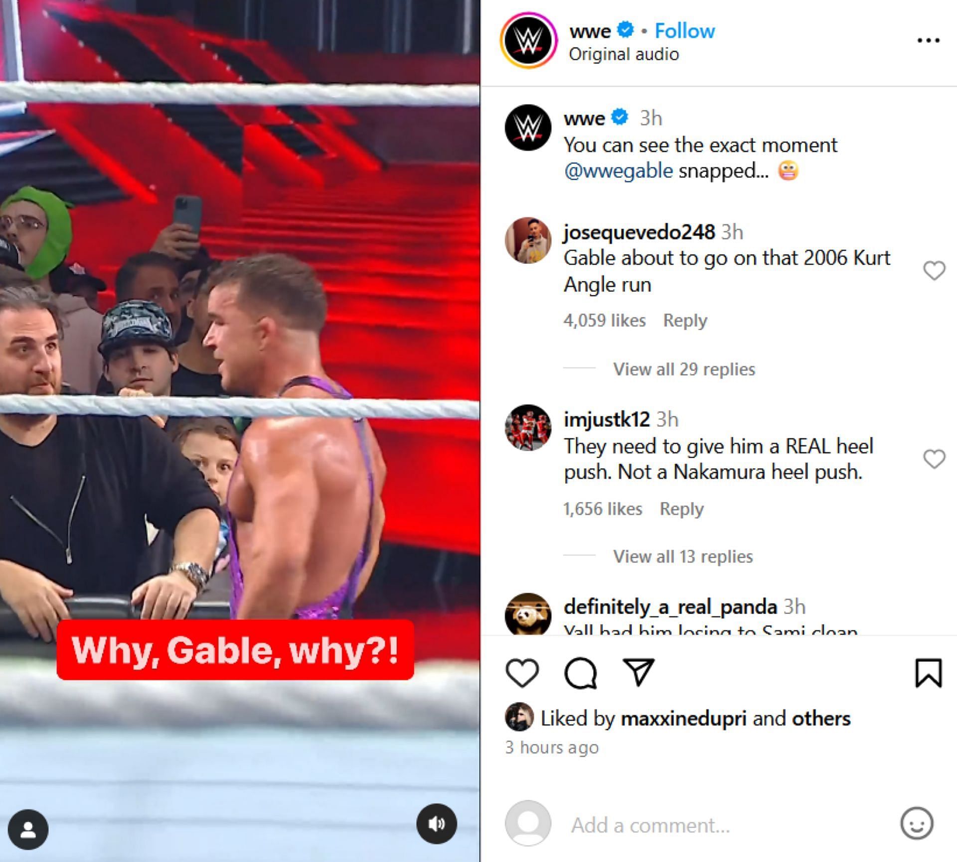 Screenshot of Maxxine Dupri&#039;s like on WWE&#039;s Instagram post