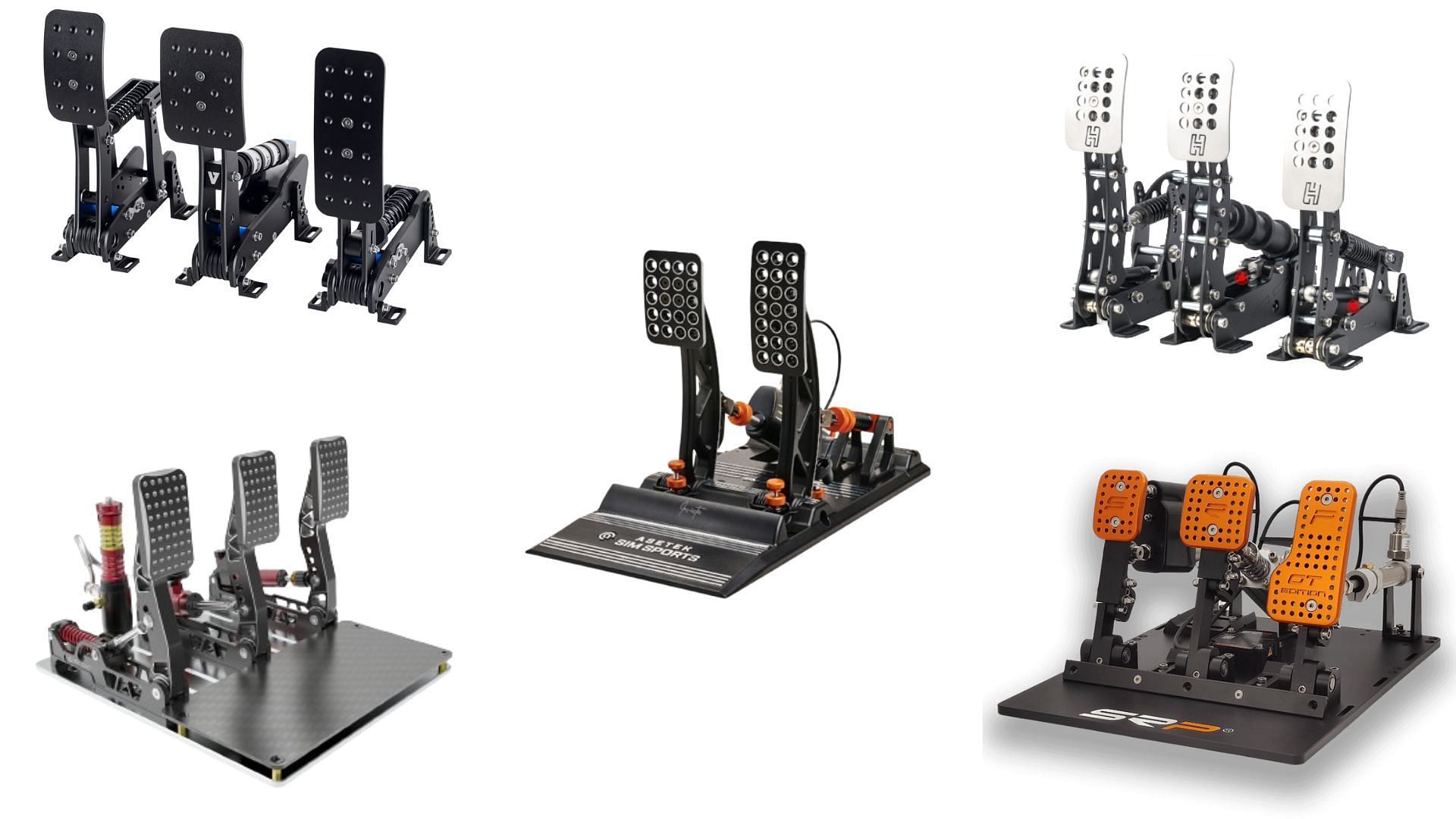 A sim racing setup wouldn&#039;t be complete without a good pair of pedals (Image via Heusinkveld, RSeat, TrakRacer, SRP)
