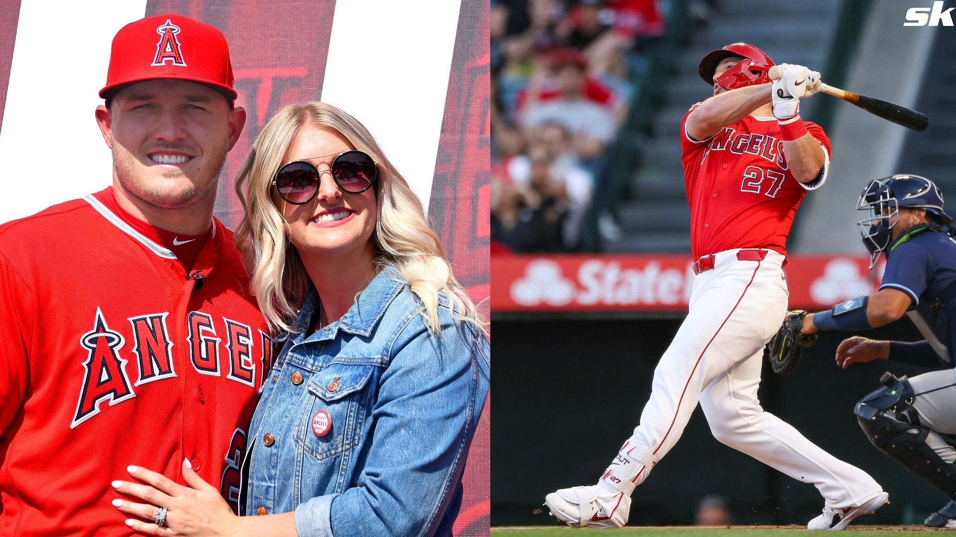 Mike Trout of the Los Angeles Angels of Anaheim poses for a photo with his wife Jessica after a press conference at Angel Stadium of Anaheim