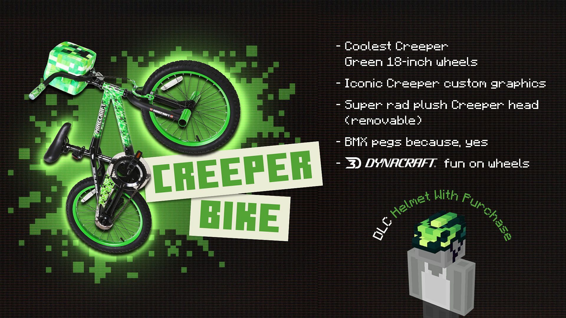 A closer look at the creeper-themed bicycle and its accompanying DLC helmet (Image via Mojang/Dynacraft)
