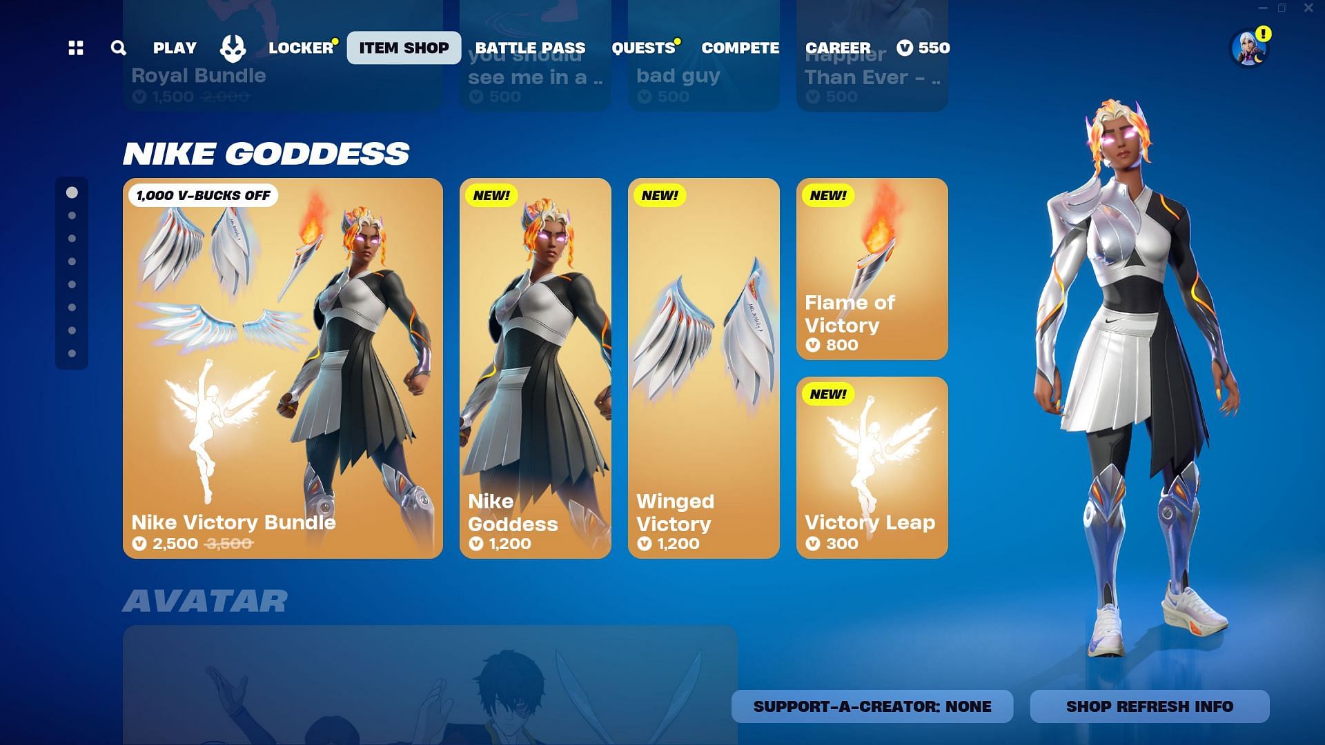 Nike Goddess is currently listed in the Item Shop (Image via Epic Games/Fortnite)