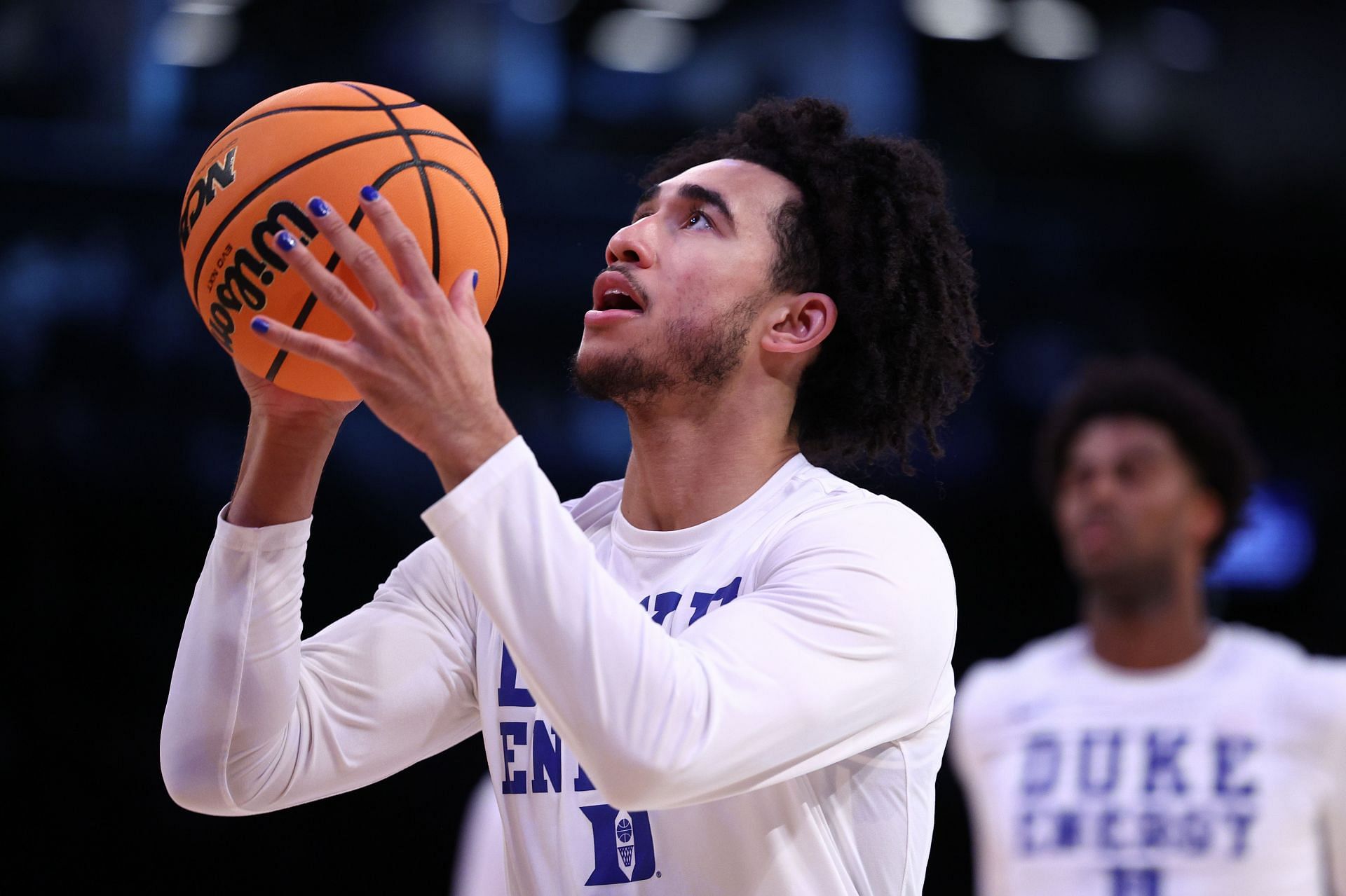 NEW YORK, NEW YORK - MARCH 24: Jared McCain #0 of the Duke Blue Devils warms up prior to a game against the James Madison Dukes in the second round of the NCAA Men&#039;s Basketball Tournament at Barclays Center on March 24, 2024, in New York City. (Photo by Elsa/Getty Images)