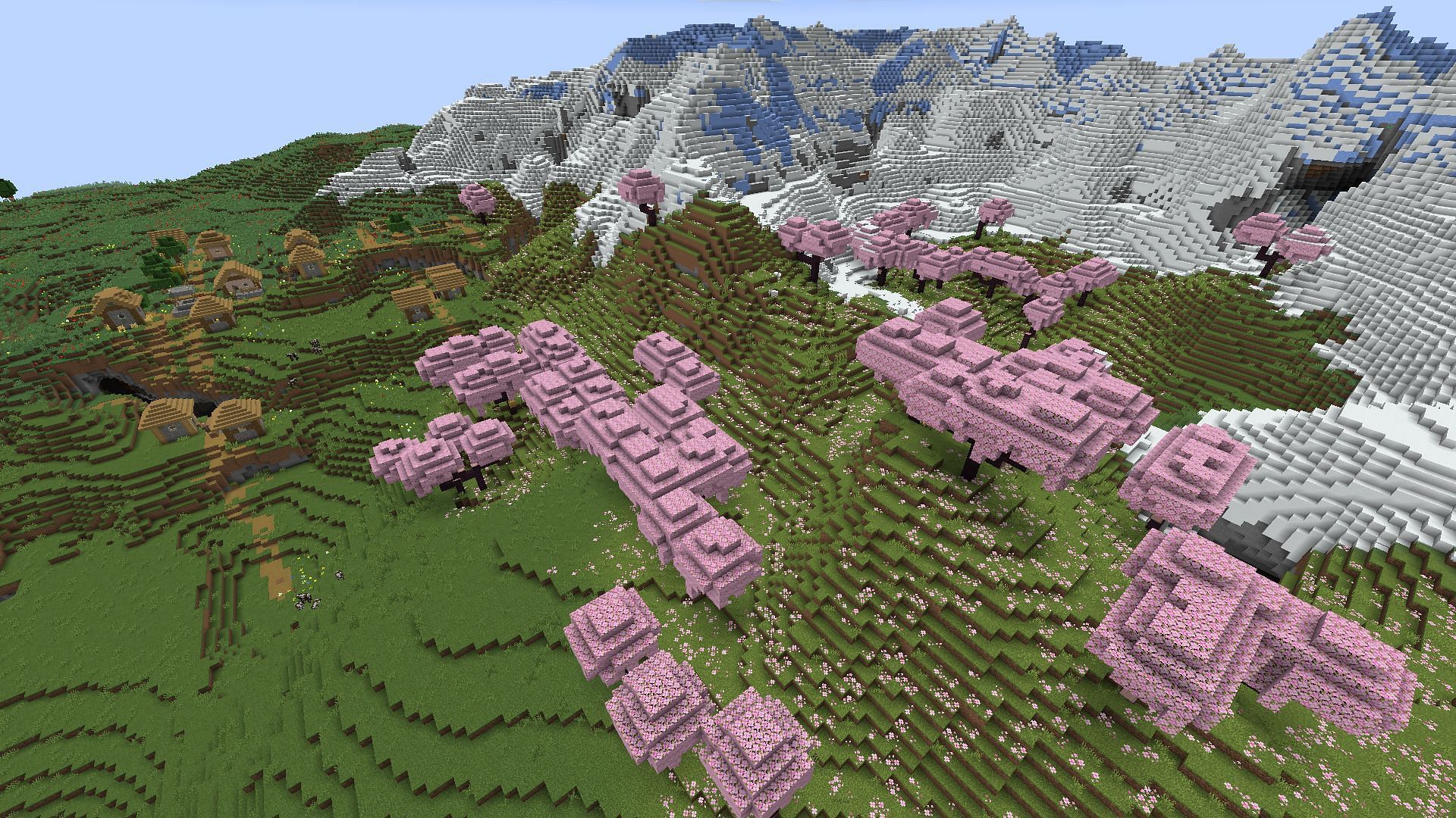 The mountain range ring and nearby village found on the seed (Image via Mojang)