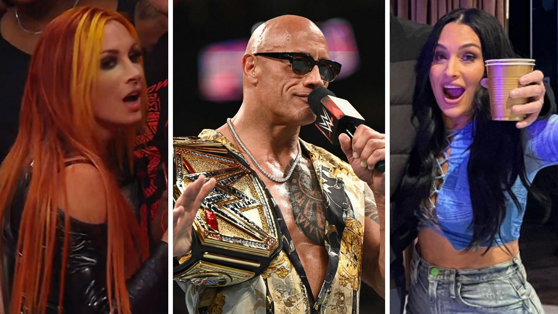 Becky Lynch on the left, The Rock in the middle, Nikki Bella on the right [Image credits: Lynch and Bella