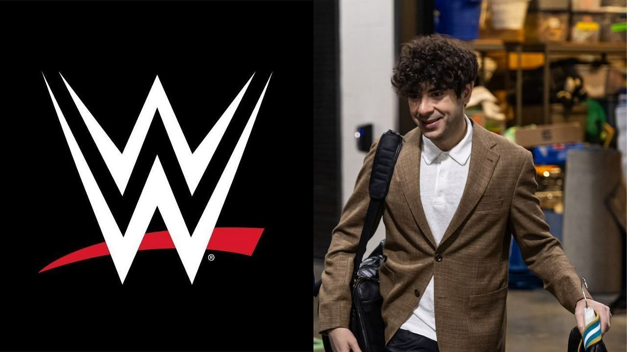 WWE logo (left) and Tony Khan (right)