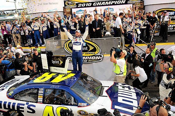 Jimmie Johnson celebrating his 2010 Cup Series Championship win