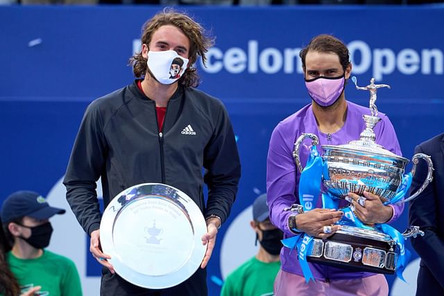 Stefanos Tsitsipas and Rafael Nadal pictured at Barcelona Open 2021