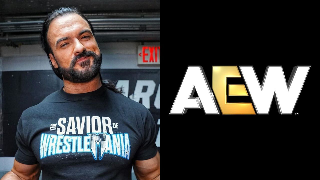 Drew McIntyre (left) and AEW logo (right)