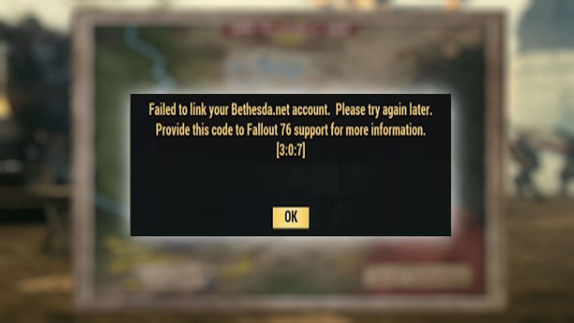 The &quot;Failed to link Bethesda account&quot; error in Fallout 76 (Image via Bethesda Game Studios)