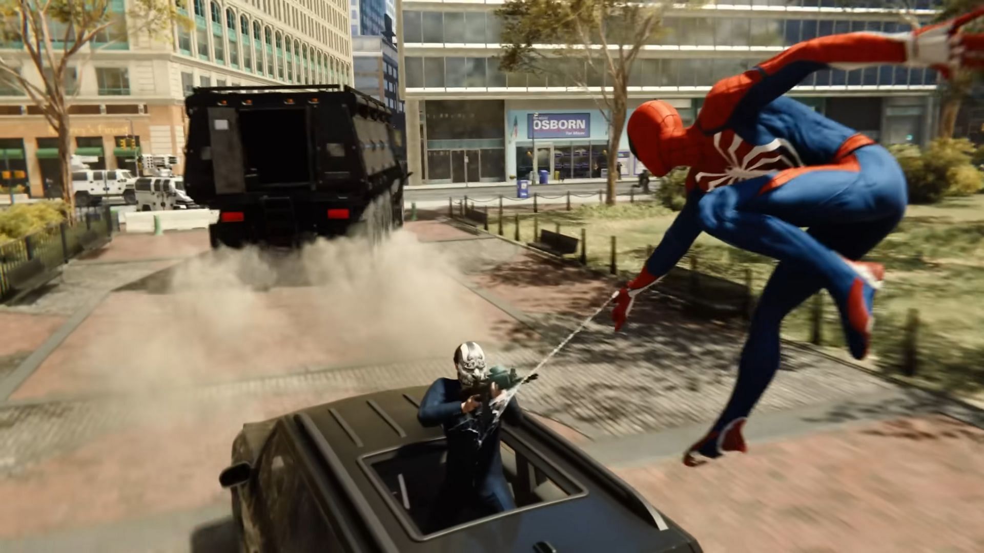 Spider-Man takes down an enemy through the sunroof (Image via Insomniac Games/Nixxes)