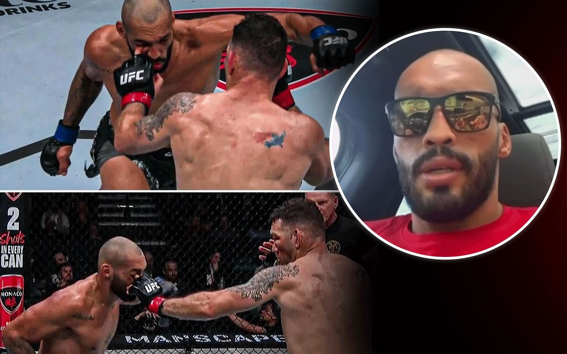 Bruno Silva (top left, bottom left, and far right) was on the receiving end of eye pokes against Chris Weidman (top right and bottom right) [Images courtesy: @brunoblindado]