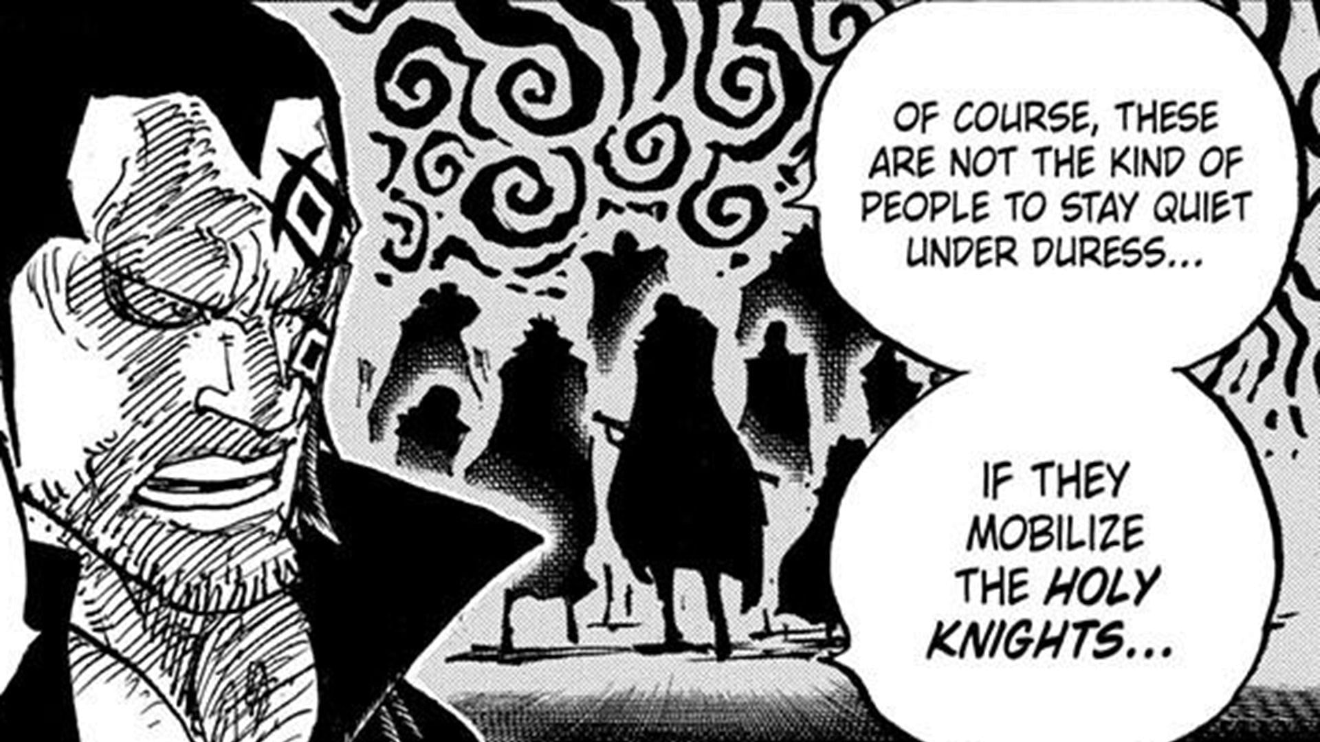 The silhouettes of the Holy Knights in One Piece chapter 1083 (Image via Shueisha)