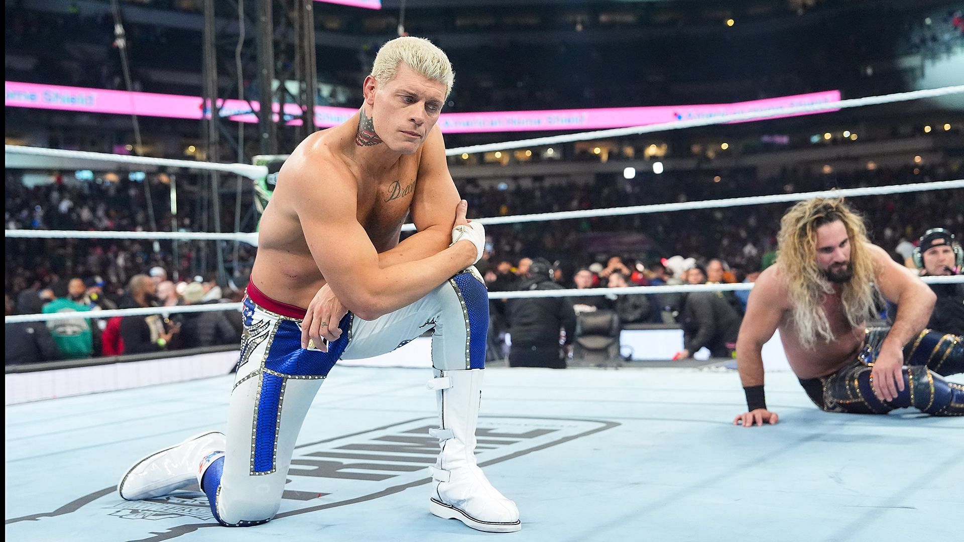 Cody Rhodes and Seth Rollins after their loss on Night One of WWE WrestleMania XL