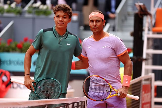 Rafael Nadal and Darwin Blanch pose before their Madrid Open 1R match