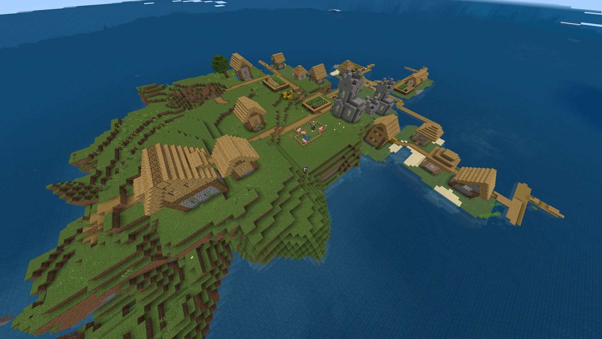 This island village has a subterranean secret in this Minecraft seed (Image via Mojang)