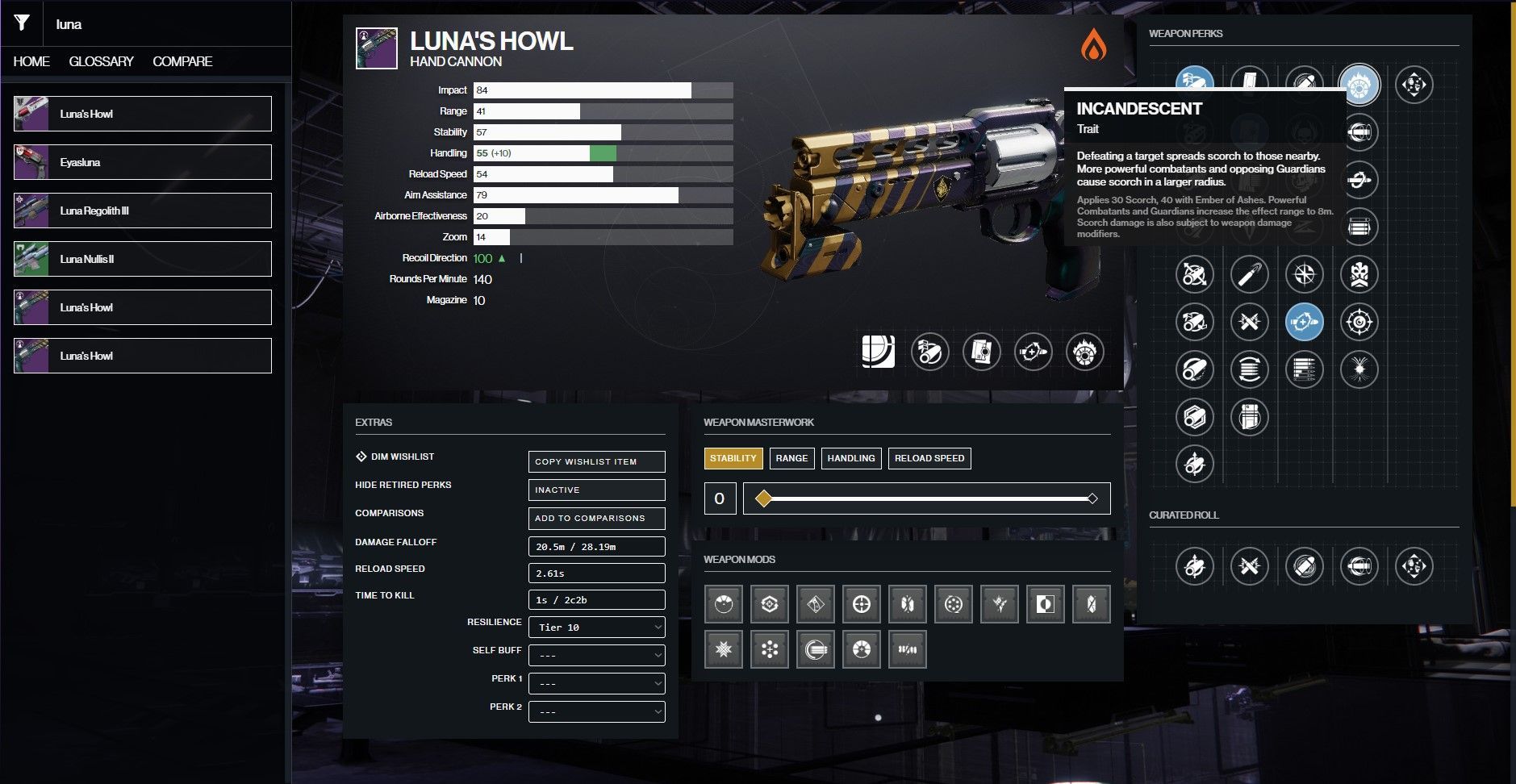 Luna&#039;s Howl PvP god roll (Image via D2Gunsmith)