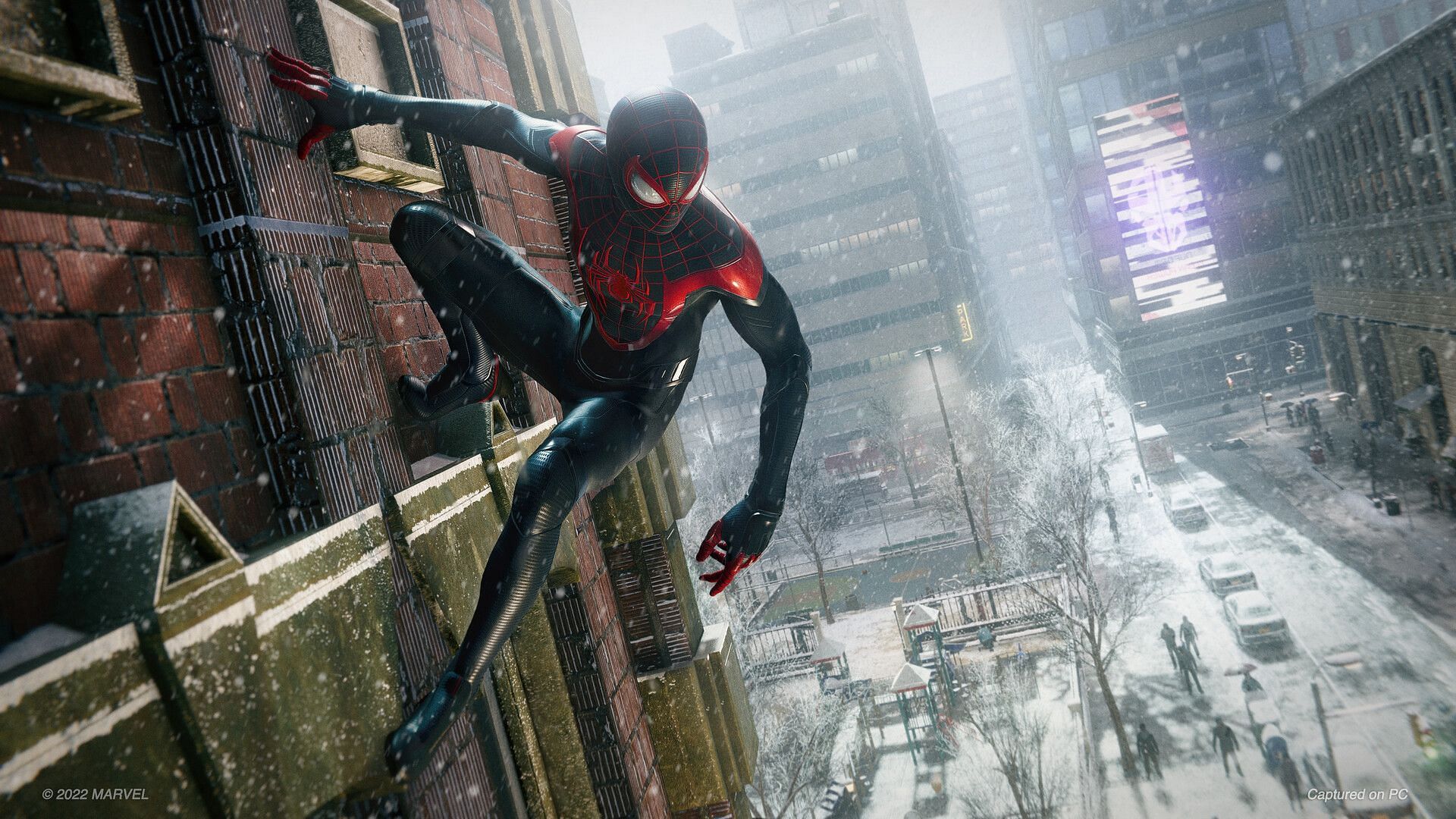 The wintry New York City comes to life in Spider-Man: Miles Morales (Image via PlayStation PC LLC)