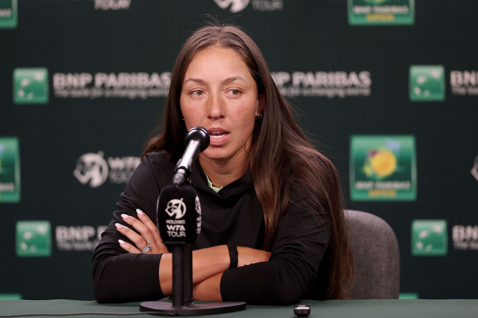 Jessica Pegula during a press conference at the 2024 BNP Paribas Open