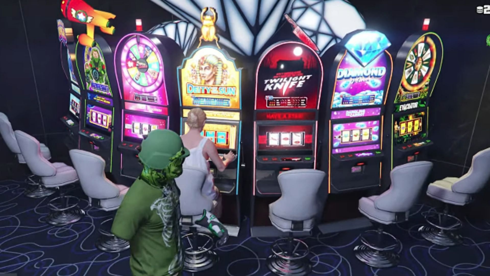 Deity of the Sun and Diamond Miner among a group of slot machines. (Image via YouTube/GRAVESIGHT)