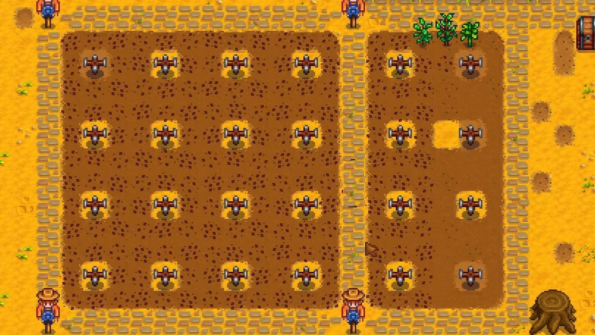 Place the specific type of Sprinkler efficiently to cover all the ground (Image via ConcernedApe)