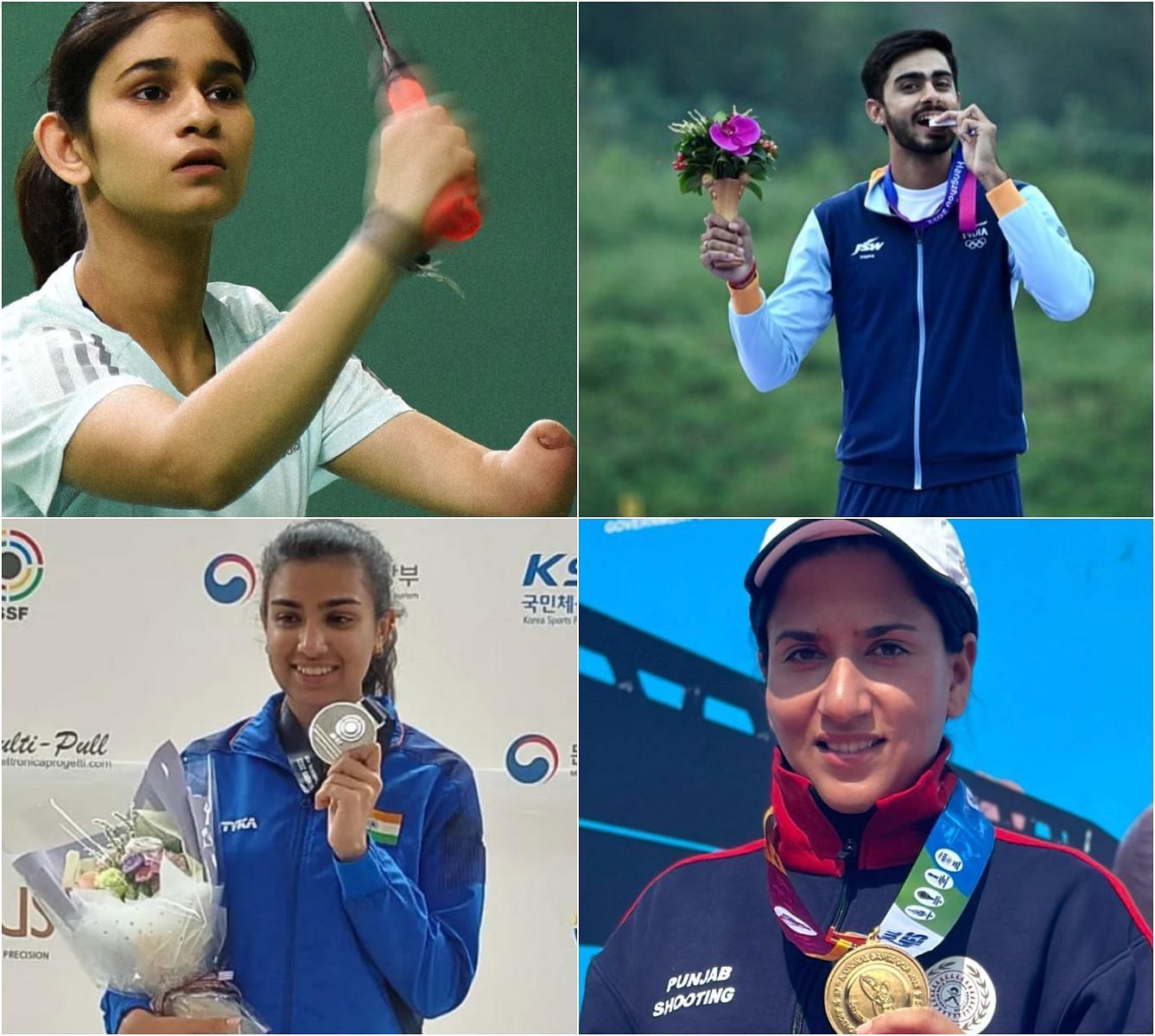 Skeet shooters Anantjeet Naruka, and Raiza Dhillon, trap shooter Rajeshwari Kumari, and para-badminton player Palak Kohli. (Credit: Respective Instagram Handles)