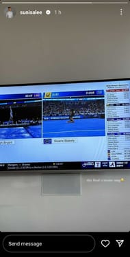 Screenshot of Suni Lee's Instagram story while watching the 2024 NCAA Women's Gymnastics Championships.